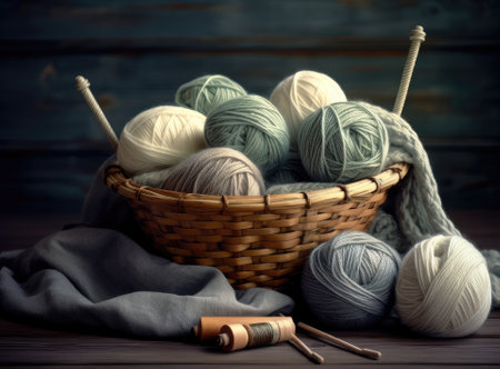 Knitted from a gray yarn sweater and thread for knitting closeup. Knitting as a hobby. Accessories for knitting. Created with Generative AI technologyの素材