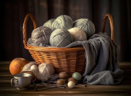 Knitted from a gray yarn sweater and thread for knitting closeup. Knitting as a hobby. Accessories for knitting. Created with Generative AI technologyの素材