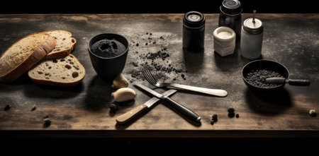 Baking ingredients on a dark wood background. Created with Generative AI technologyの素材