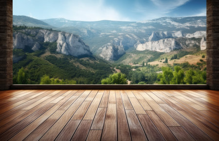 Balcony view of the mountains. landscape. Sunny day. Terrace with a beautiful view. Background with beautiful landscape. Created with Generative AI technologyの素材