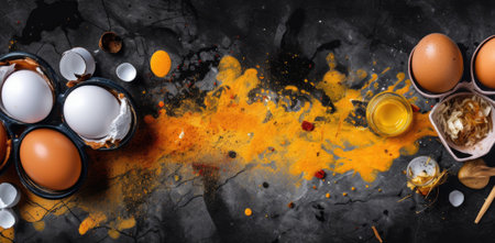 Baking ingredients on a dark wood background. Created with Generative AI technologyの素材