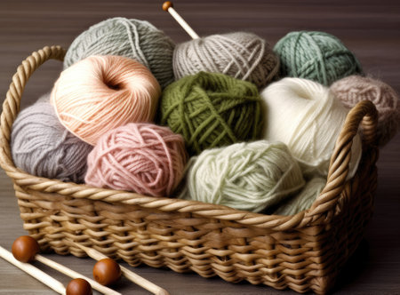 Knitted from a gray yarn sweater and thread for knitting closeup. Knitting as a hobby. Accessories for knitting. Created with Generative AI technologyの素材