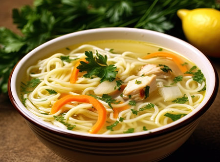 Homemade chicken soup with noodles and vegetables in a white bowl, white background. Healthy warm comfortable foodの素材