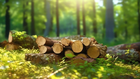 Forest pine and spruce trees. Log trunks pile, the logging timber wood industry. Wide banner or panorama wooden trunksの素材