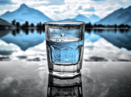 Pouring water into a glass against the nature backgroundの素材