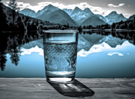Pouring water into a glass against the nature backgroundの素材