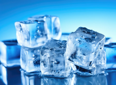 Three melting ice cubes on glass table. On white backgroundの素材