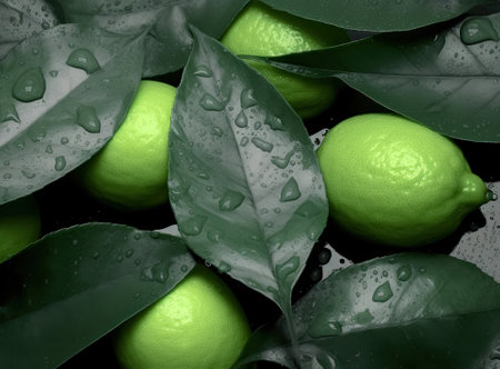 Natural fresh lime with water drops and sliced, green leaf isolated on white backgroundの素材