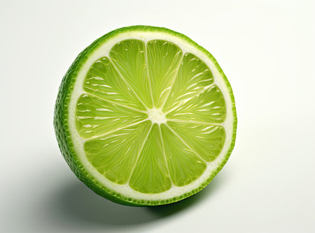 Natural fresh lime with water drops and sliced, green leaf isolated on white backgroundの素材