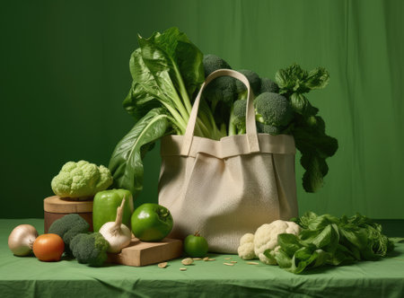 Eco bag with products on color backgroundの素材