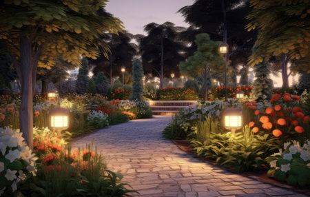 Panoramic Photo of LED Light Posts Illuminated Backyard Garden During Night Hours. Modern Backyard Outdoor Lighting Systemsの素材