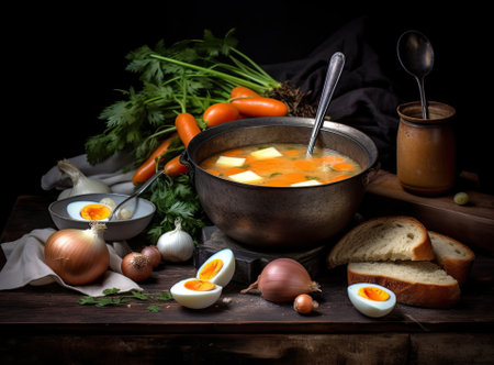 Fresh fish soup in bowl on black background, top viewの素材