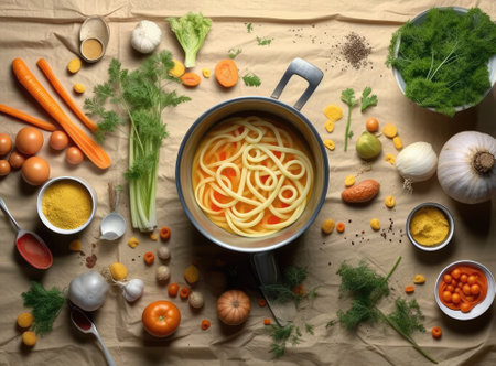 Fresh fish soup in bowl on black background, top view Created with Generative AI technologyの素材