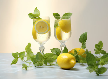 Organic cold refreshing lemonade drink or cocktail made of sparkling water, lime slices and fresh green mint leaves served in tall drinking glass with ice cubes on white wooden table with copy space Created with Generative AI technologyの素材