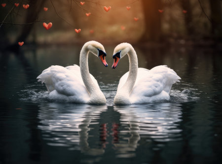 The couple of swans with their necks form a heart. Mating games of a pair of white swans. Swans swimming on the water in nature. Valentines Day background. Created with Generative AI technology.の素材