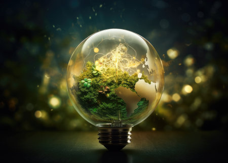 Green World Map On The Light Bulb With Green Background, Renewable Energy Environmental Protection, Renewable, Sustainable Energy Sources. Created with Generative AI technology.の素材