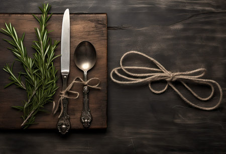 Rustic vintage set of cutlery knife, spoon, fork. Black background. Top view. Created with...