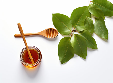 Composition with fresh honey on white background, top view. Created with Generative AI technology.の写真素材