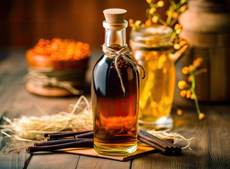 Aromatic homemade vanilla extract on wooden table, closeup. Space for text. Created with Generative...