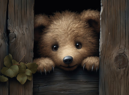 Brown cute teddy bear sneaked behind the old wooden door isolated on white background. Copy space for text and content Created with Generative AI technologyの素材