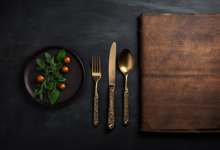 Rustic vintage set of cutlery knife, spoon, fork. Black background. Top view Created with Generative AI technologyの素材