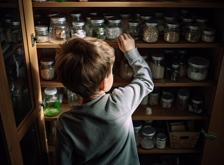 Toddler baby opened the cabinet drawer with pills and medicine. Child boy holding a pack of pills in the home living room. Created with Generative AI technologyの素材