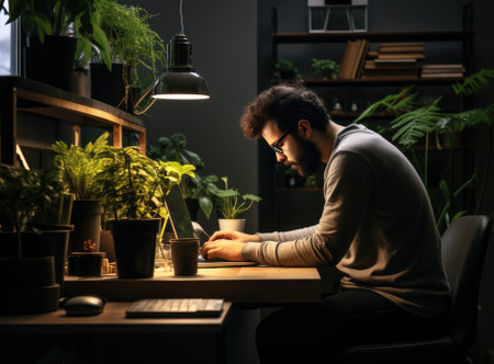 Wide angle back view at man using computer at home office with modern tech interior, copy space Created with Generative AI technologyの素材