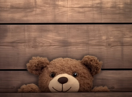 Brown cute teddy bear sneaked behind the old wooden door isolated on white background. Copy space for text and content Created with Generative AI technologyの素材