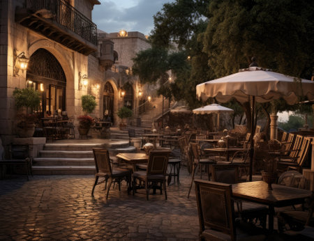 Table of food center tuscan style town in the evening,tuscana town Created with Generative AI technologyの素材