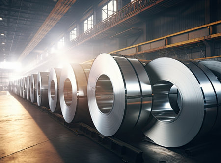 Rolls of galvanized steel sheet inside the factory or warehouse Created with Generative AI technologyの素材