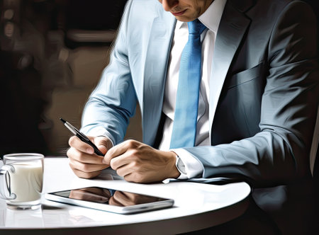 Businessman sitting at office desk having a coffee break, he is holding a mug and a digital tablet Created with Generative AI technologyの素材