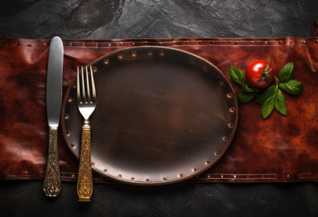 Rustic vintage set of cutlery knife, spoon, fork. Black background. Top view Created with Generative AI technologyの素材
