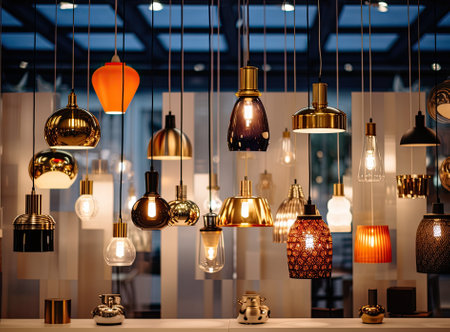 Different modern streamlined mirror copper chandeliers. Bubble metal copper shade pendant Created with Generative AI technologyの素材