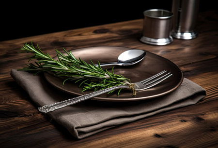 Rustic vintage set of cutlery knife, spoon, fork. Black background. Top view Created with Generative AI technologyの素材