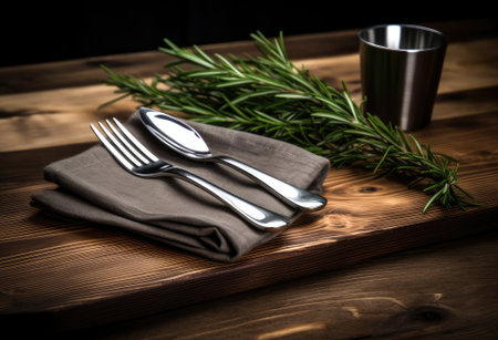 Rustic vintage set of cutlery knife, spoon, fork. Black background. Top view Created with Generative AI technologyの素材