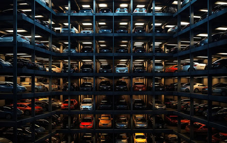 Aerial view new car lined up in the port for import and export business logistic to dealership for sale, Automobile and automotive car parking lot for commercial business industry. Created with Generative AI technologyの素材