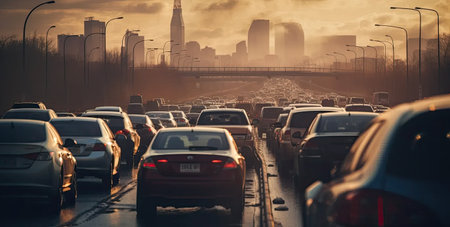 Car rush hour city street. Cars on highway in traffic jam Created with Generative AI technologyの素材