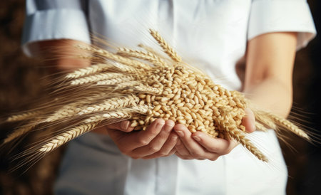 Closeup hands worker holds grain for production of white flour in automated modern mill for bread. Created with Generative AI technologyの素材