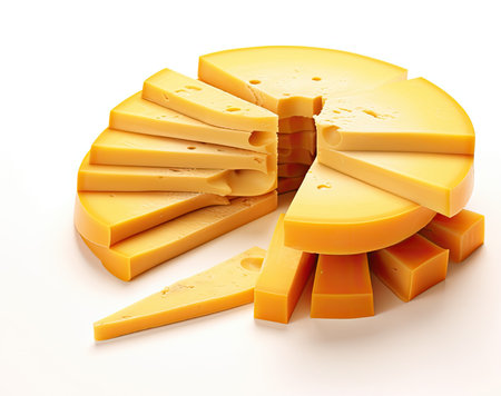 Emmental cheese triangle, Swiss cheese, isolated on white background. High resolution image Created with Generative AI technologyの素材