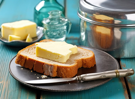 Foil wrapped processed cream cheese, table knife and slice of bread on a cutting board over blue wooden table. Small triangular pieces of soft cheese in an aluminum foil. Tasty sandwich ingredient. Created with Generative AI technologyの素材