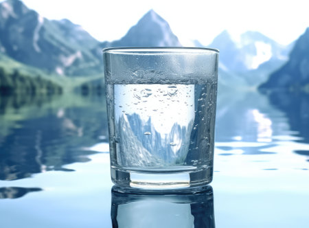 Pouring water into a glass against the nature background Created with Generative AI technologyの素材