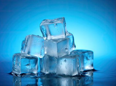 Three melting ice cubes on glass table. On white background Created with Generative AI technologyの素材