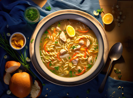 Homemade chicken soup with noodles and vegetables in a white bowl, white background. Healthy warm comfortable food Created with Generative AI technologyの素材