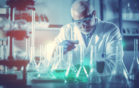 Medical Research Laboratory: Portrait of a Beautiful Female Scientist in Goggles Using Micro Pipette for Test Analysis. Advanced Scientific Lab for Medicine, Biotechnology, Microbiology Development Created with Generative AI technologyの素材