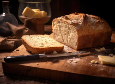 Foil wrapped processed cream cheese, table knife and slice of bread on a cutting board over blue wooden table. Small triangular pieces of soft cheese in an aluminum foil. Tasty sandwich ingredient. Created with Generative AI technologyの素材
