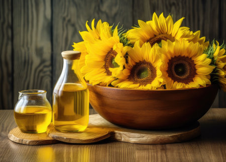 Sunflower oil and seeds on wooden table against blurred background, space for text Created with Generative AI technologyの素材