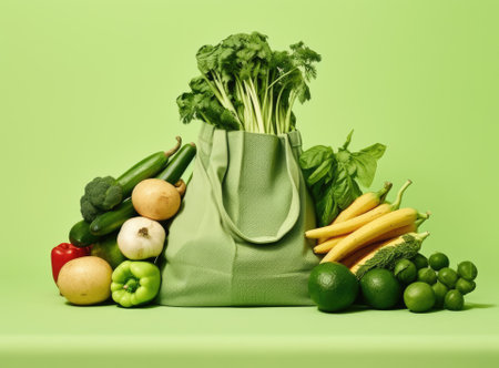 Eco bag with products on color background Created with Generative AI technologyの素材