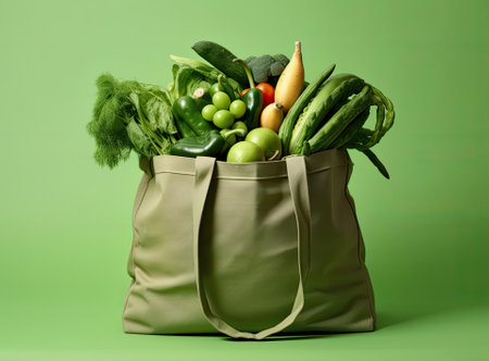 Eco bag with products on color background Created with Generative AI technologyの素材
