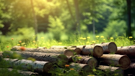Forest pine and spruce trees. Log trunks pile, the logging timber wood industry. Wide banner or panorama wooden trunks Created with Generative AI technologyの素材