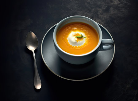 Fresh fish soup in bowl on black background, top view Created with Generative AI technologyの素材
